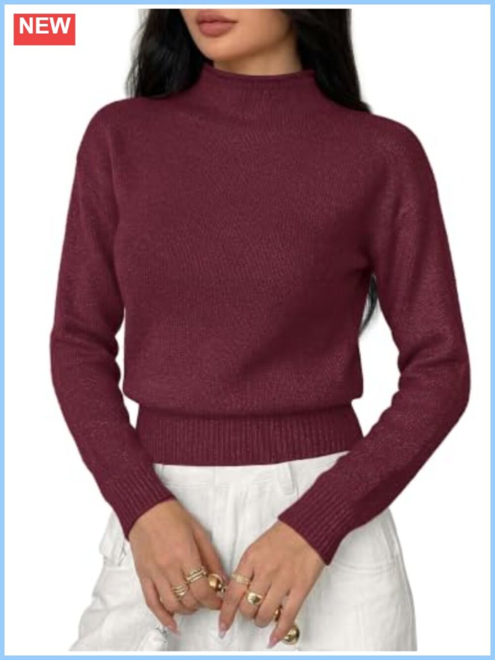 Mock Neck Sweater Acrylic Cotton Blend Long Sleeve Knit Top